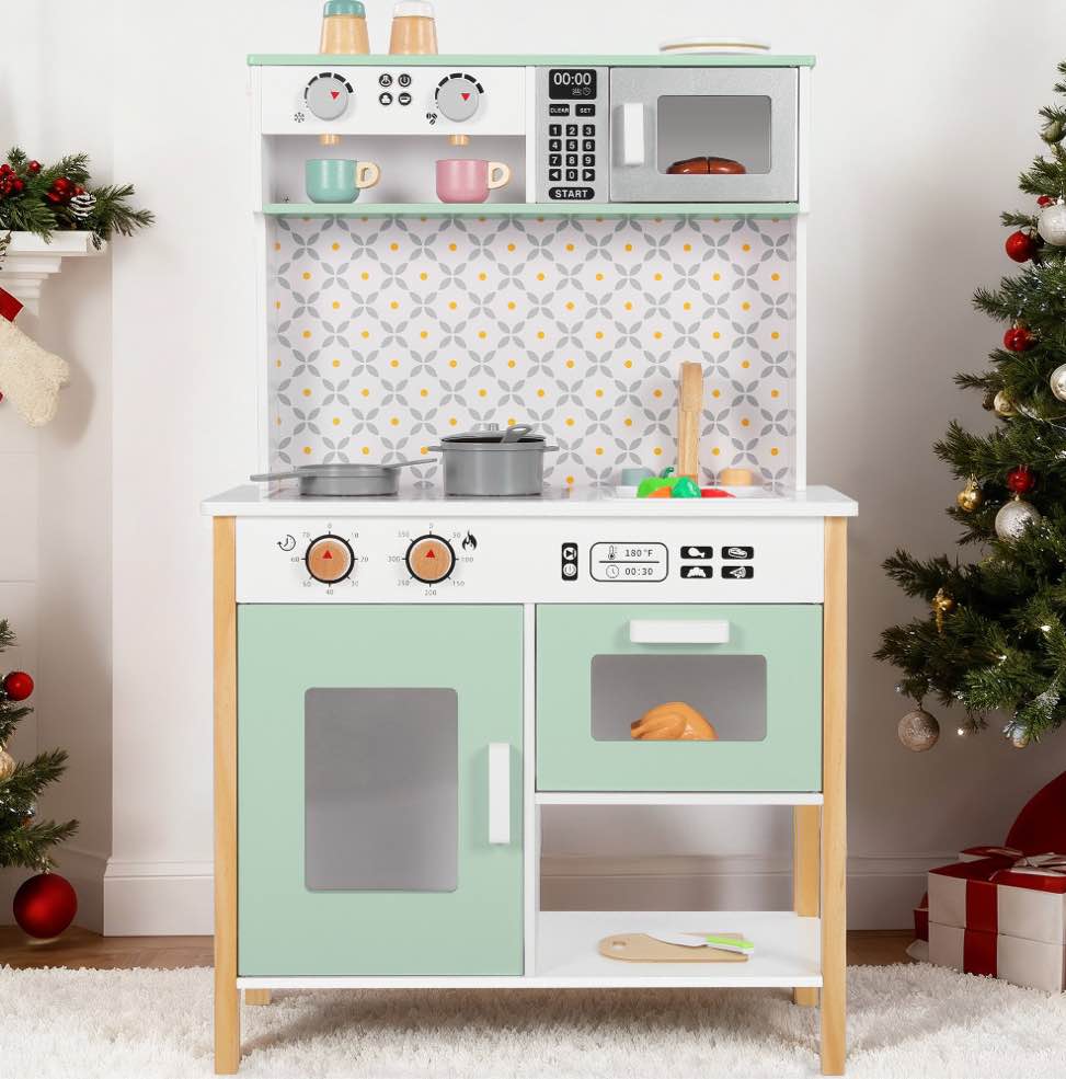 Wisairt Pretend Play Kitchen Set, Wooden Kitchen for Kids w/ Stove Sink Oven Microwave, Coffee Maker Gift for Boys Girls Age 3-8, Green