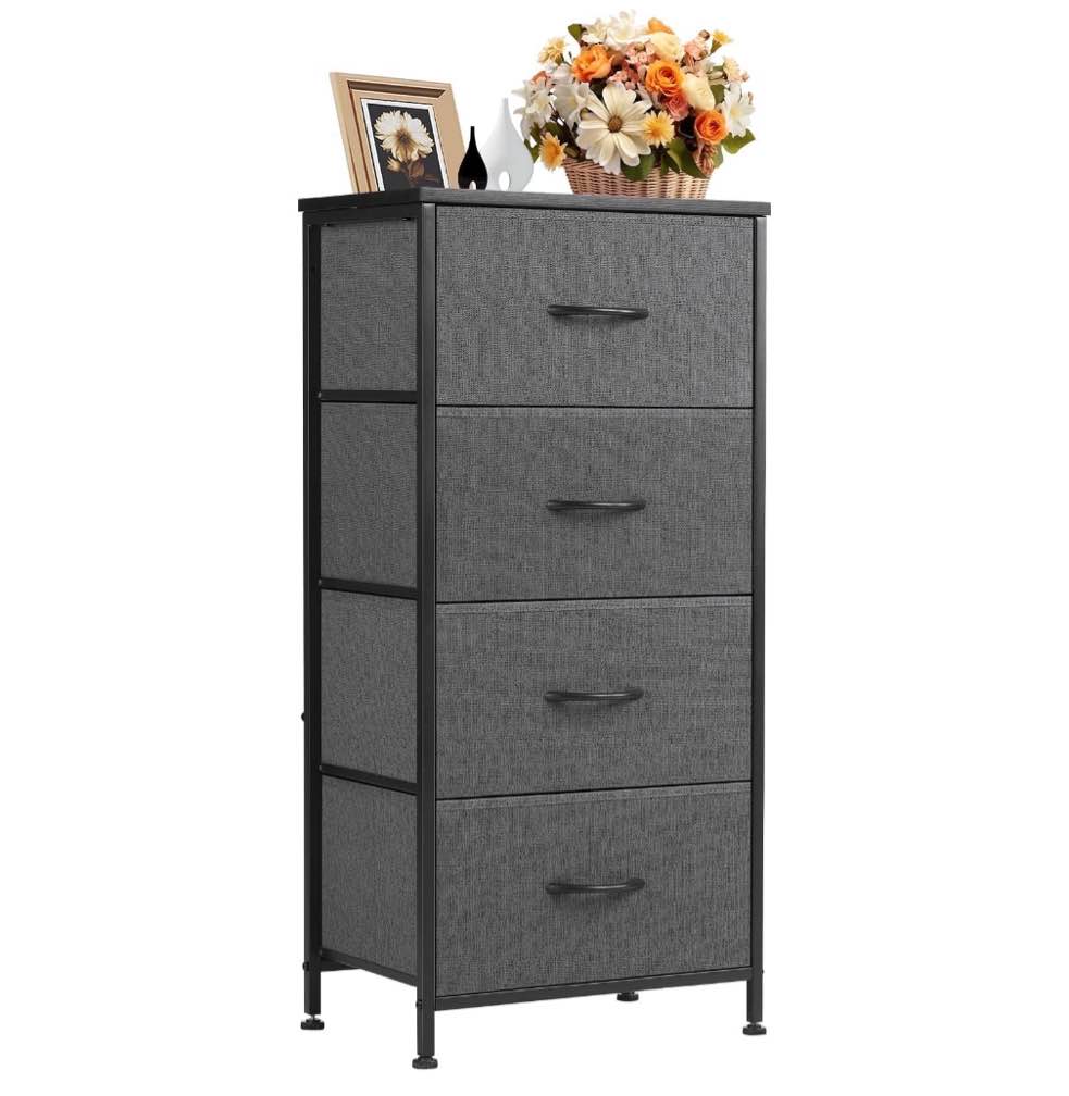 CONCETTA 4 Drawer Dresser, Wide Chest Drawers Nightstand Storage Tower Storage Fabric Dresser With Wood Top for Living Room, Bedroom, Closet, Gray