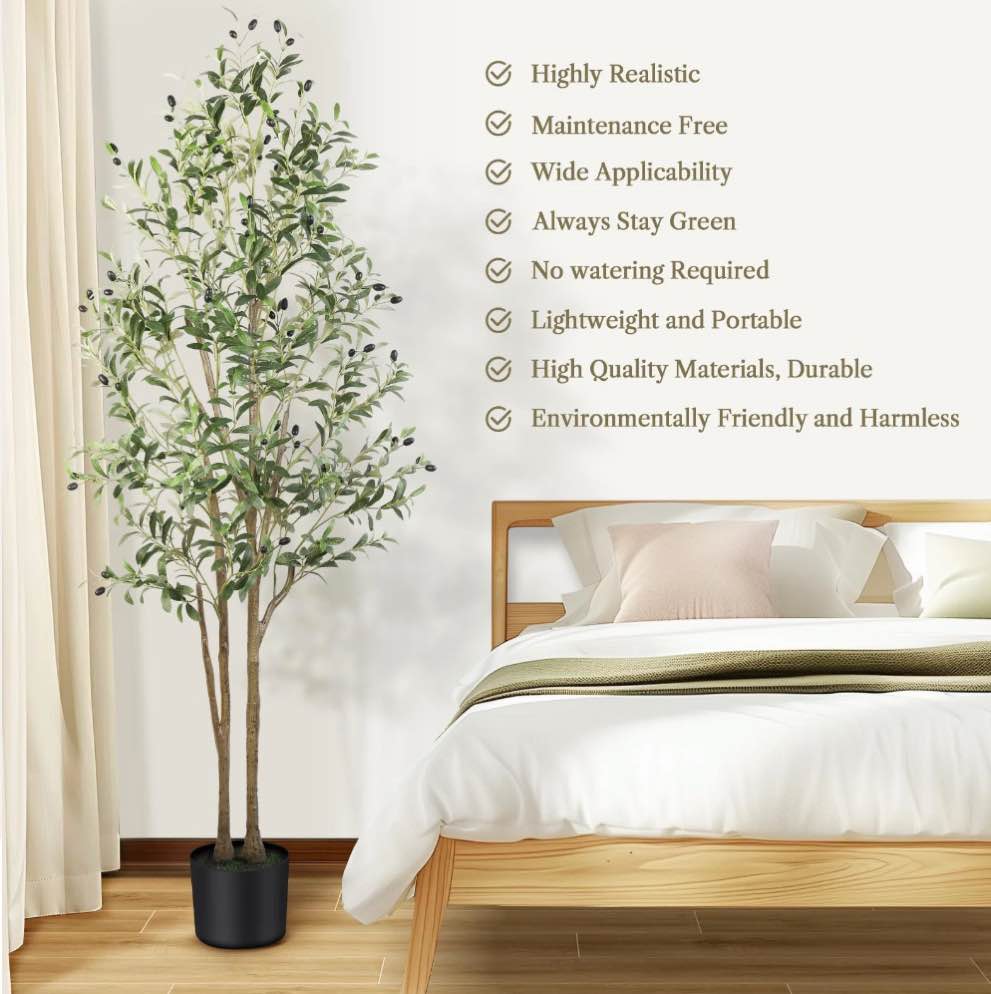 6FT Artificial Olive Tree Indoor, Silk Fake Potted Tree with Natural Wood Trunk & Lifelike Fruits, Faux Plant for Modern Home Office Living Room Floor Decor
