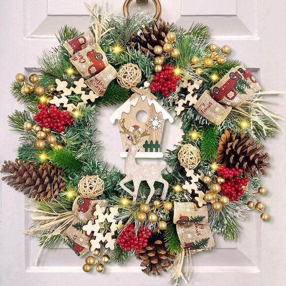 16in Christmas Door Wreath with Reindeer, Snowflakes, Pine Cones & Berries