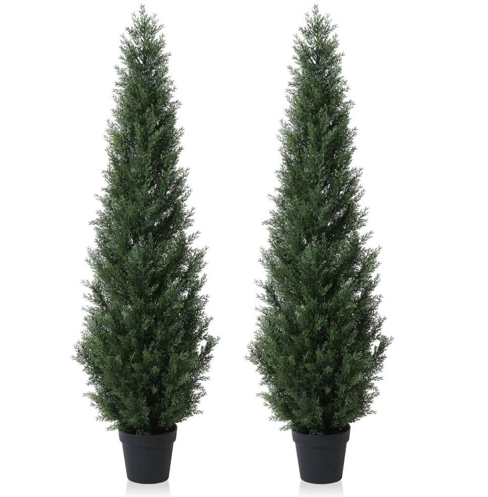 Artificial Cedar Tree 5 FT Artificial Cedar Topiary Trees for Outdoors Potted Fake Cypress Trees Faux Evergreen Plants for Home Porch Decor Set of 2
