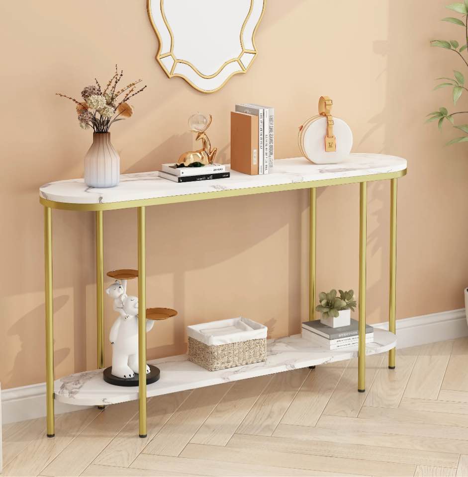 Ktaxon Modern Oval Console Table Entryway Table, 2-Tier Narrow Table Stylish Ideal for Foyer Living Room, Durable Easy to Clean Multifunctional Design
