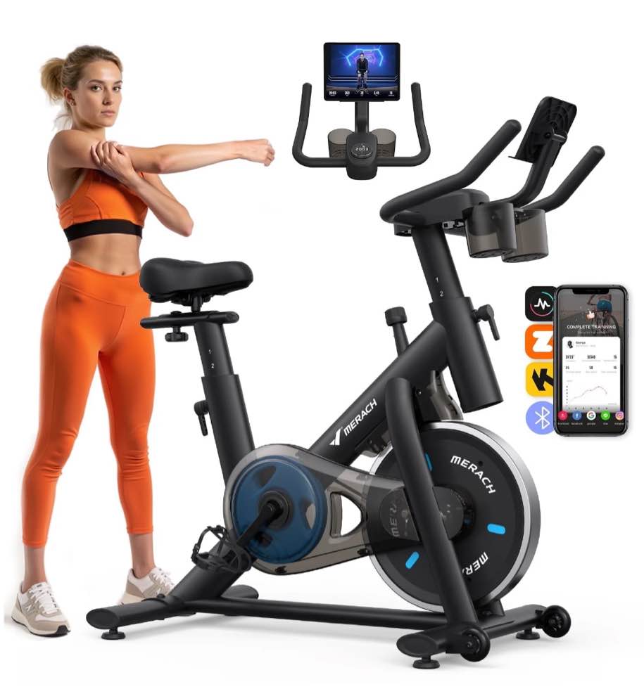 MERACH Stationary Exercise bike with Exclusive Free APP, Indoor Cycling Bicycle with 300lbs Weight Capacity, Silent Belt Drive and Comfortable Seat Cushion for Home Cardio Workout 35 Lbs Flywheel