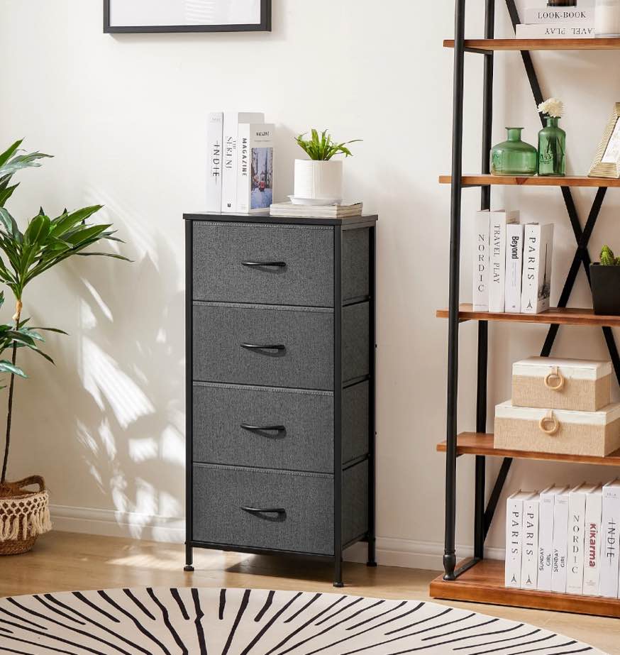 CONCETTA 4 Drawer Dresser, Wide Chest Drawers Nightstand Storage Tower Storage Fabric Dresser With Wood Top for Living Room, Bedroom, Closet, Gray