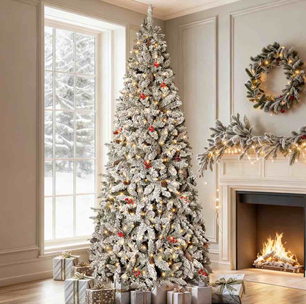 GVDV Christmas Tree 7.5ft Pre-Lit Snow Flocked Artificial Christmas Tree with Pinecones & Berries, for Home, Office and Party Decor, Metal Hinges Easy Assembly