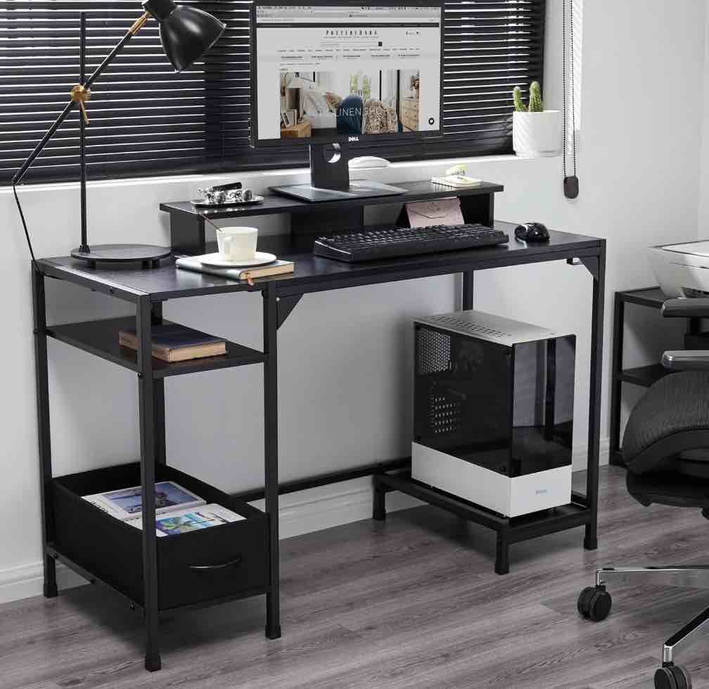 COOKCOK 47 inch Computer Desk with Monitor Stand and Fabric Drawer, Writing Gaming Table with Shelves and Hooks, Home Office Desk, Black