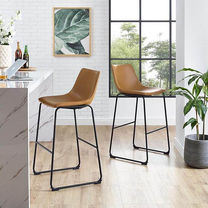 Walker Edison XUMD7DWB 33.18 x 18.38 x 19 in. Upholstered Counter Stool with Metal x Base, Whiskey Brown - Pack of 2