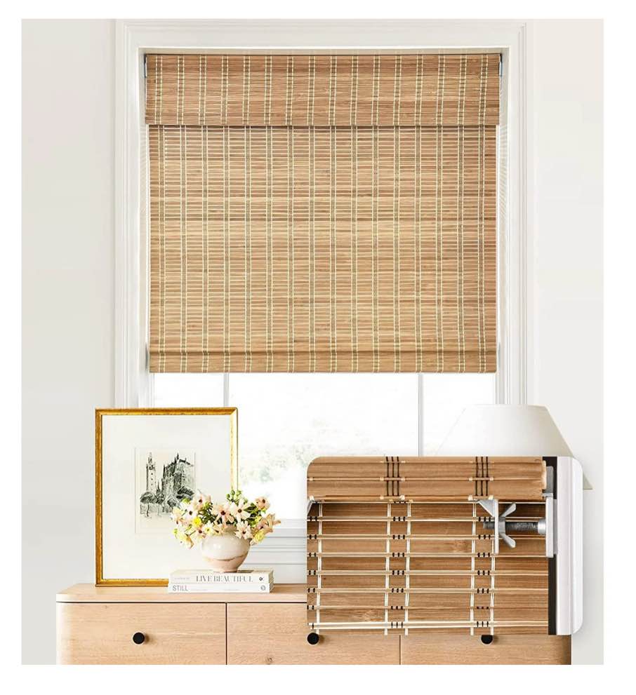 LazBlinds No Tools No Drill Cordless Bamboo Roman Shades, Light Filtering Window Treatment, Roll Up Bamboo Blinds for Window 34'' W x 64'' H, Brown