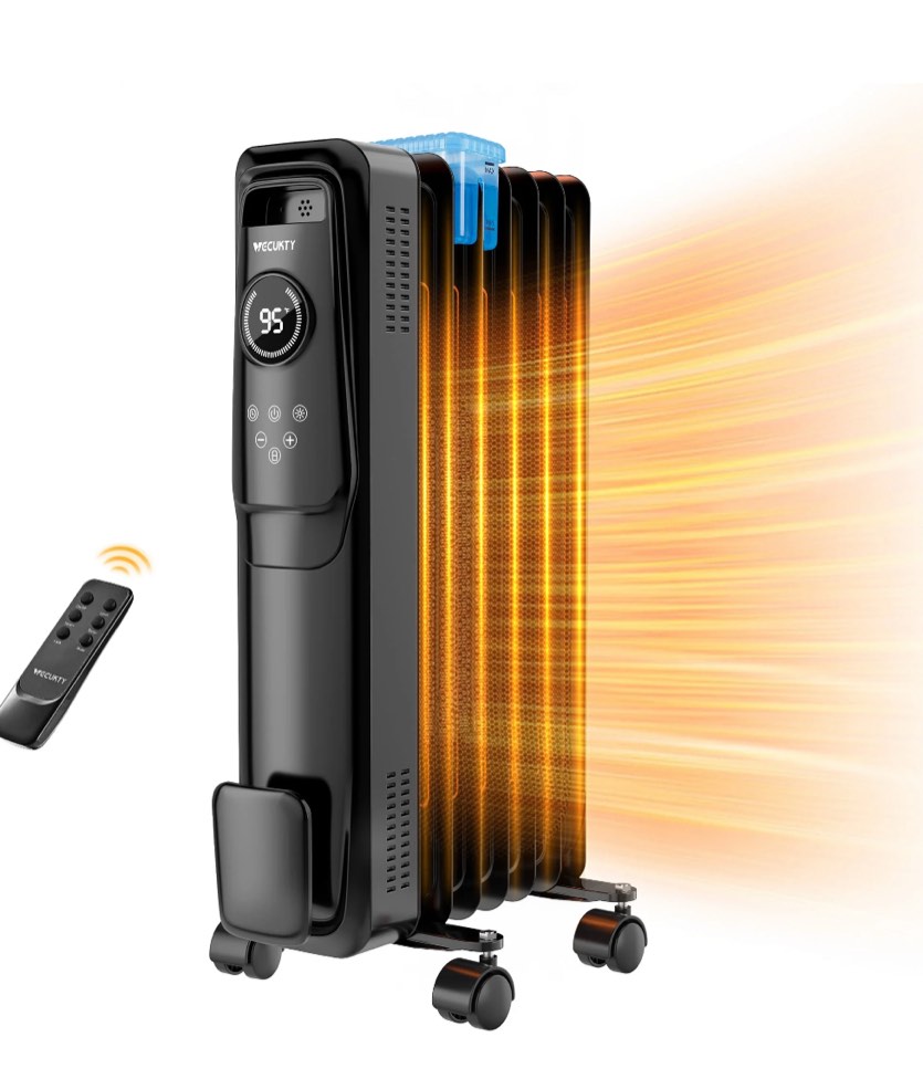 VECUKTY 1500W Oil Radiator Heater, Electric Oil Filled Space Heater Radiator with Remote Control,Child Lock,3 Modes,Overheat & Tip-Over Protection?24h Timer Digital Thermostat,Black