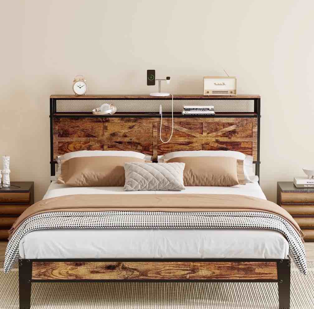 Behost Queen Bed Frame with Wooden Storage Headboard, Power Outlets Metal Queen Beds, Vintage Brown