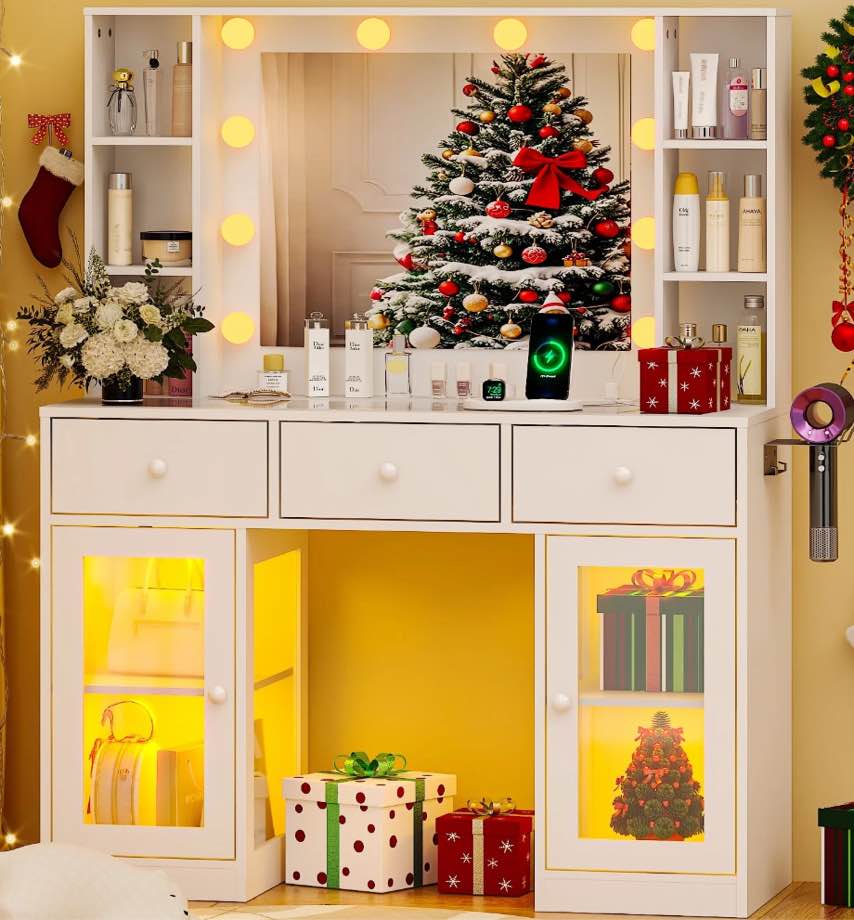 Ktaxon Makeup Vanity with Lighted Mirror, Vanity Table with Glass Table Top and Charging Station for Bedroom, White