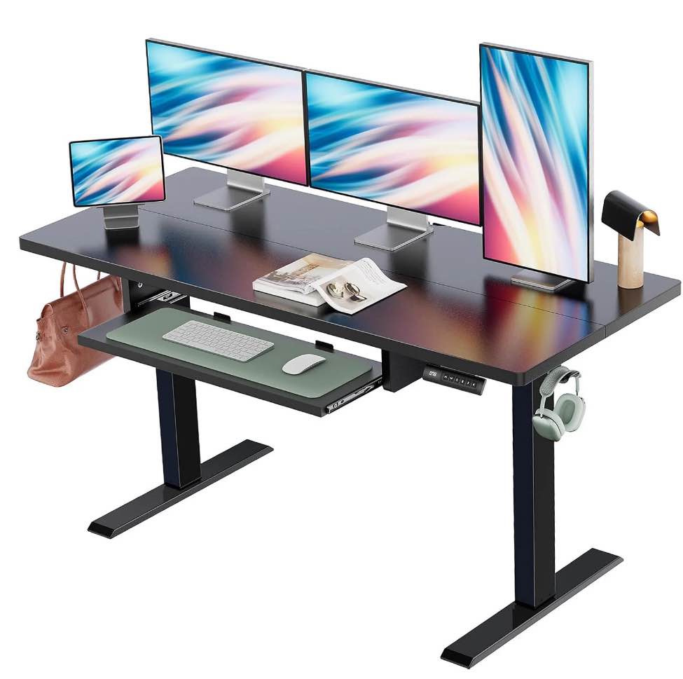 55" x 24" Electric Standing Desk with Keyboard Tray, Height Adjustable Sit Stand up Desk with Headphone Hook & 4 Height Memory Pre-Set for Home Office, Black