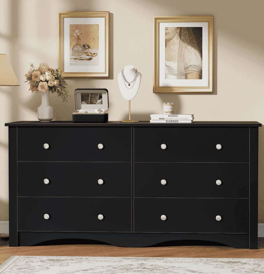 Homall 6 Drawer Wood Dresser Furniture, Double Tier Storage Cabinet for Bedroom & Living Room,Black Finish