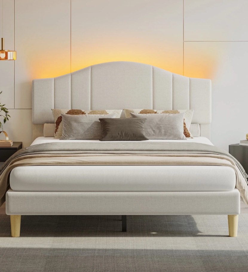 Pinmoco Full Upholstered Bed Frame with Adjustable Arc-shaped Headboard, LED Platform Bed, Fabric Beige