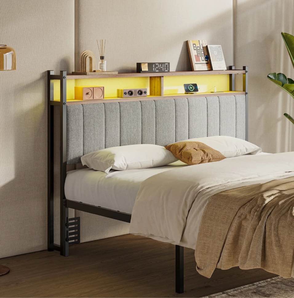 Pinmoco Headboard for Queen Size Bed with Storage, Linen Upholstered Head Board with LED Light and Charging Station, Gray, Headboard Only(Bed Frame Not Included)