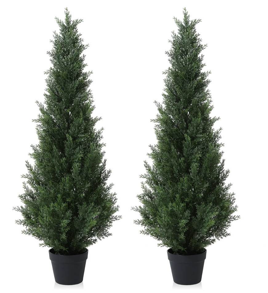 Artificial Cedar Tree 2 Pack 4 ft Outdoor Artificial Topiary Cedar Plants Fake Tree UV Rated Potted Tree for Perfect Housewarming Gift, Set of 2