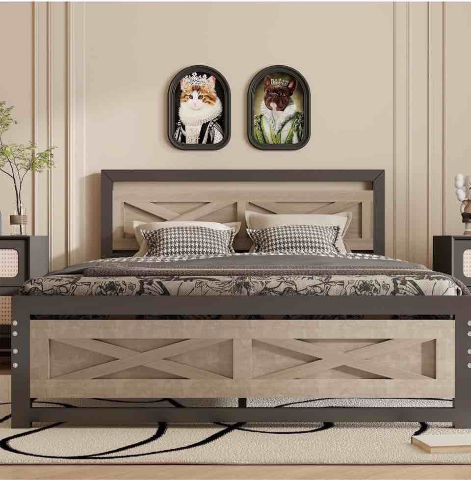 Behost Queen Bed Frame with Headboard and 11" Underbed Storage, Metal Wood Platform Bedframe Queen Size Bedroom Furniture