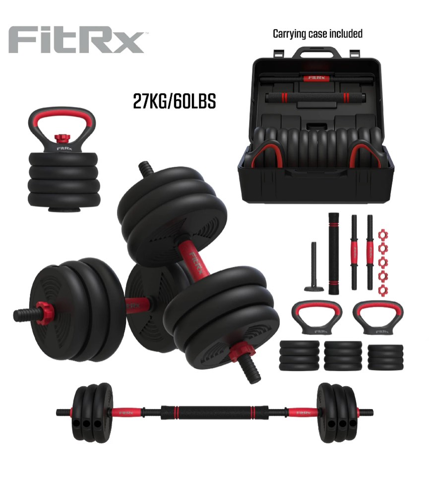 FitRx SmartBell Gym, 60 lbs. 4-in-1 Adjustable Interchangeable Dumbbell, Barbell, and Kettlebell Weight Set, Black