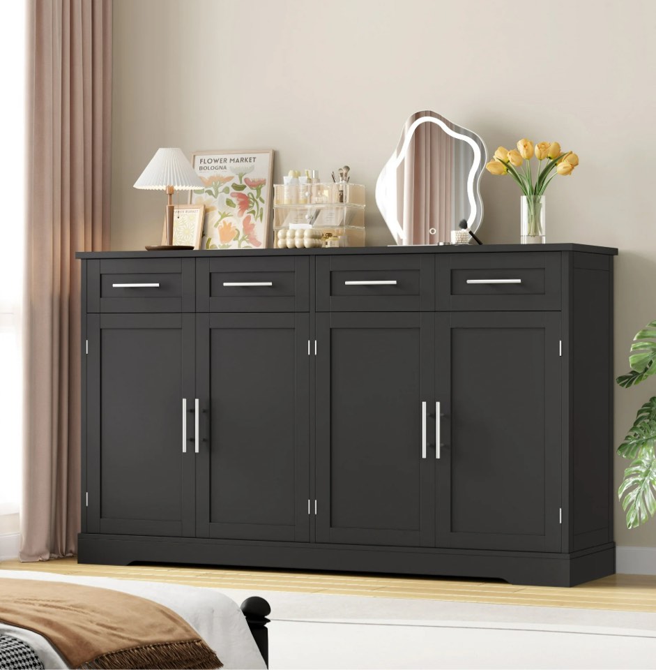 Homfa Modern Buffet Cabinet with 4 Drawers and 4 Doors, 59" W Sideboard Buffet Storage Cabinet with Shelves, for Kitchen Living Room Bedroom, Black