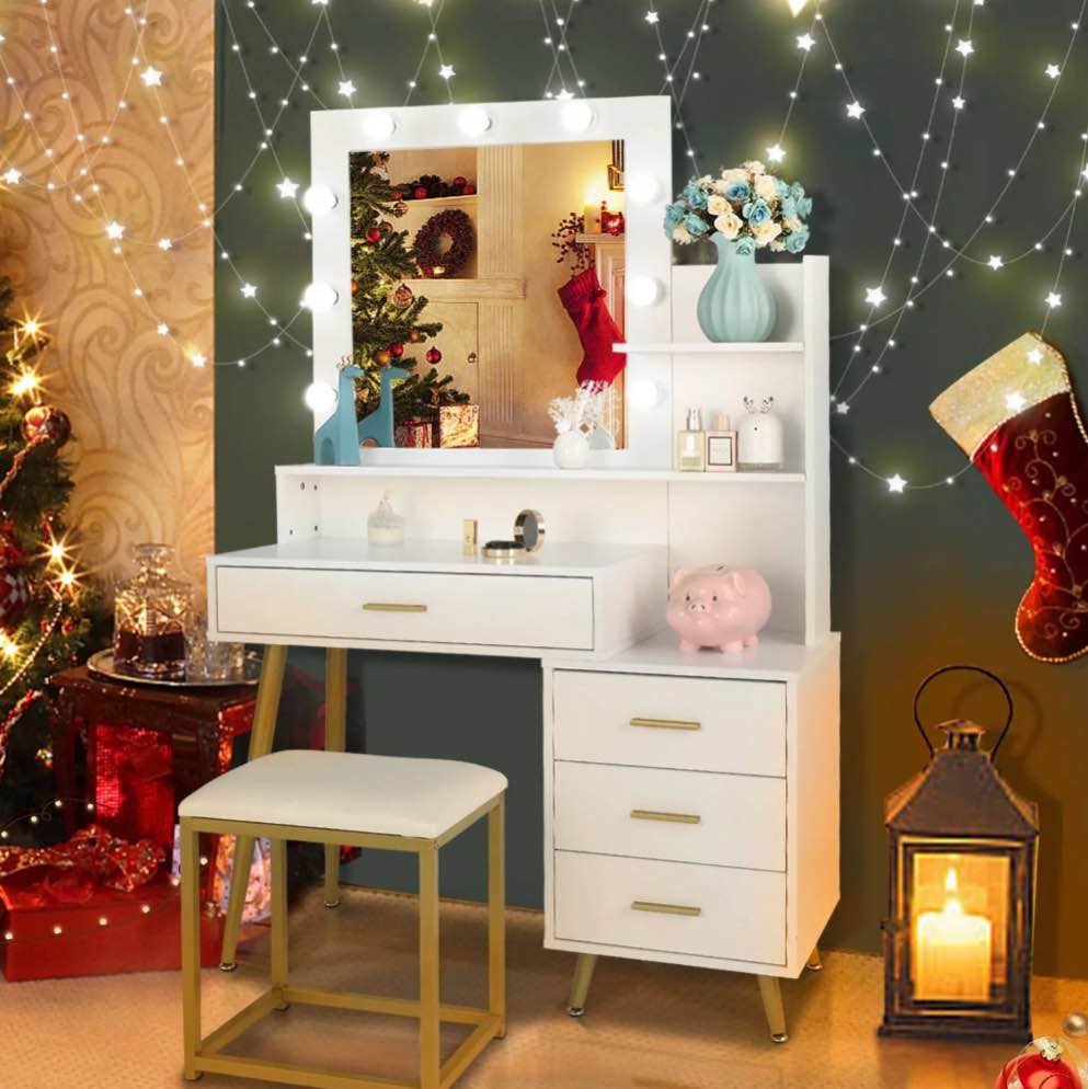 Ktaxon Vanity Table Set with Lighted Mirror  Makeup Table with 4 Drawers  Dressing Vanity Tables  Dresser Desk for Girls  Women  White