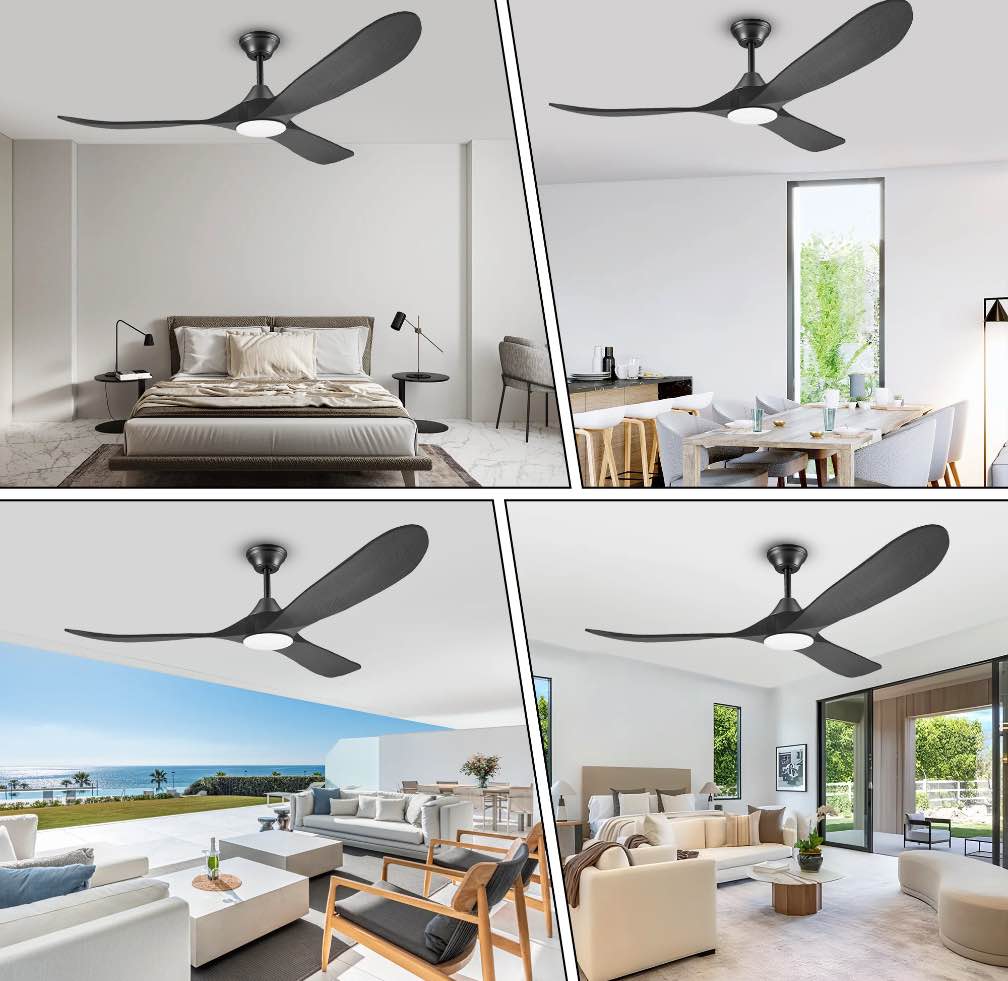Smart Ceiling Fans with Alexa/App Remote Control, 60 inch Black Wood Ceiling Fans with Lights, Outdoor Fans for Patios Indoor Dining Room 3 Blades, Quiet Reversible DC Motor