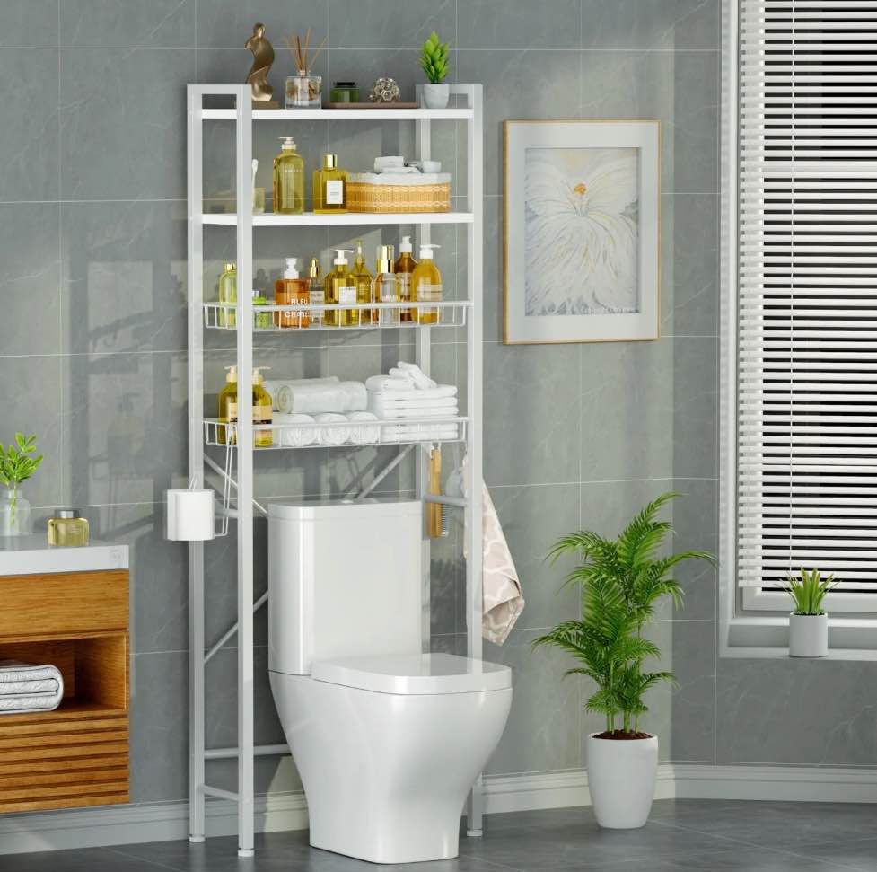 Capri Over The Toilet Storage Shelf, 4-Tier Freestanding Bathroom Organizers and Storage, above Toilet Space Saver Rack with Adjustable Shelves, Toilet Paper Holder and 9-Hooks, Rustic Brown