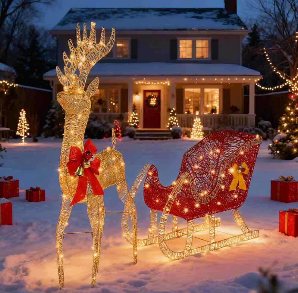 Christmas Reindeer Sleigh Set Outdoor Decoration Holiday Decor LED Lights,Gold Ktaxon
