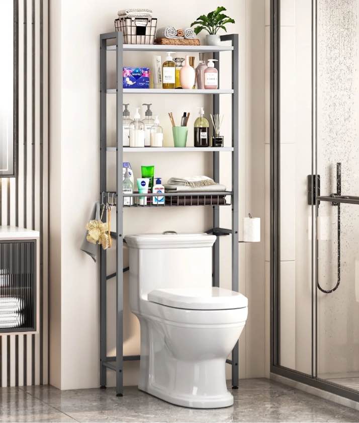 Biemlerfn Over The Toilet Storage Shelf, 4-Tier Wooden Bathroom Organizer Adjustable Saver Space Rack with Toilet Paper Holder, Gray&White