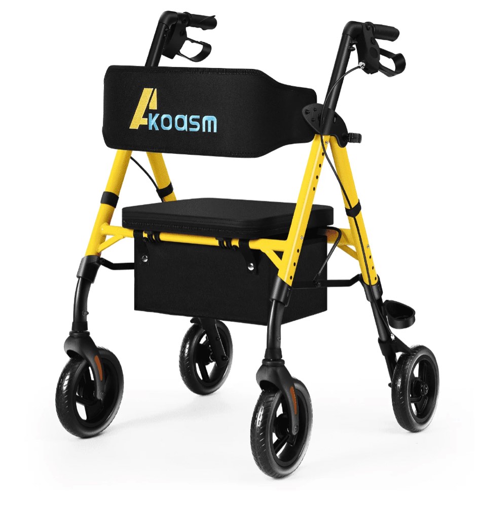 Lightweight Foldable Rollator Walkers for Seniors with Seat - Adult Rolling Walker with Seat and Brakes, 300 lb Capacity, All Terrain 8" Big Roller Wheels, Adjustable Handles and Seat Height, Yellow