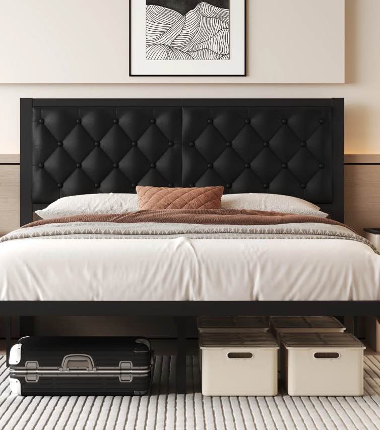 Lifezone Upholstered Bed Frame with Headboard, Full, Metal Support, No Box Spring Needed, Black