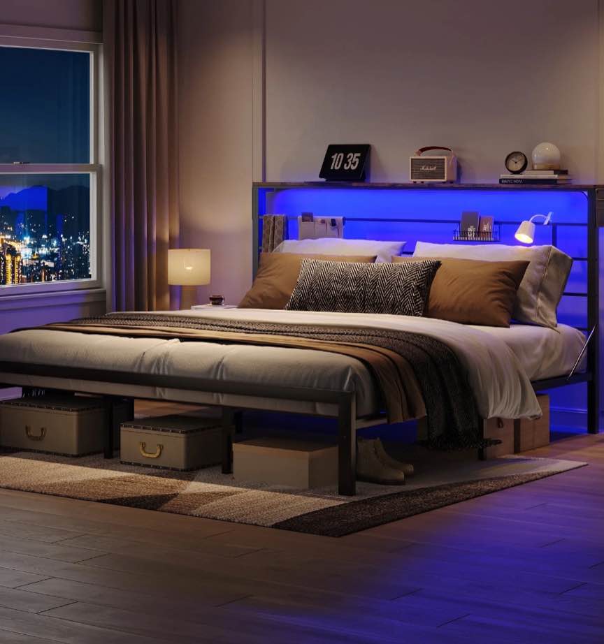 Bestier King Size Bed Frame with 49.2" High LED Storage Headboard Shelf, Metal Platform Bed, Black