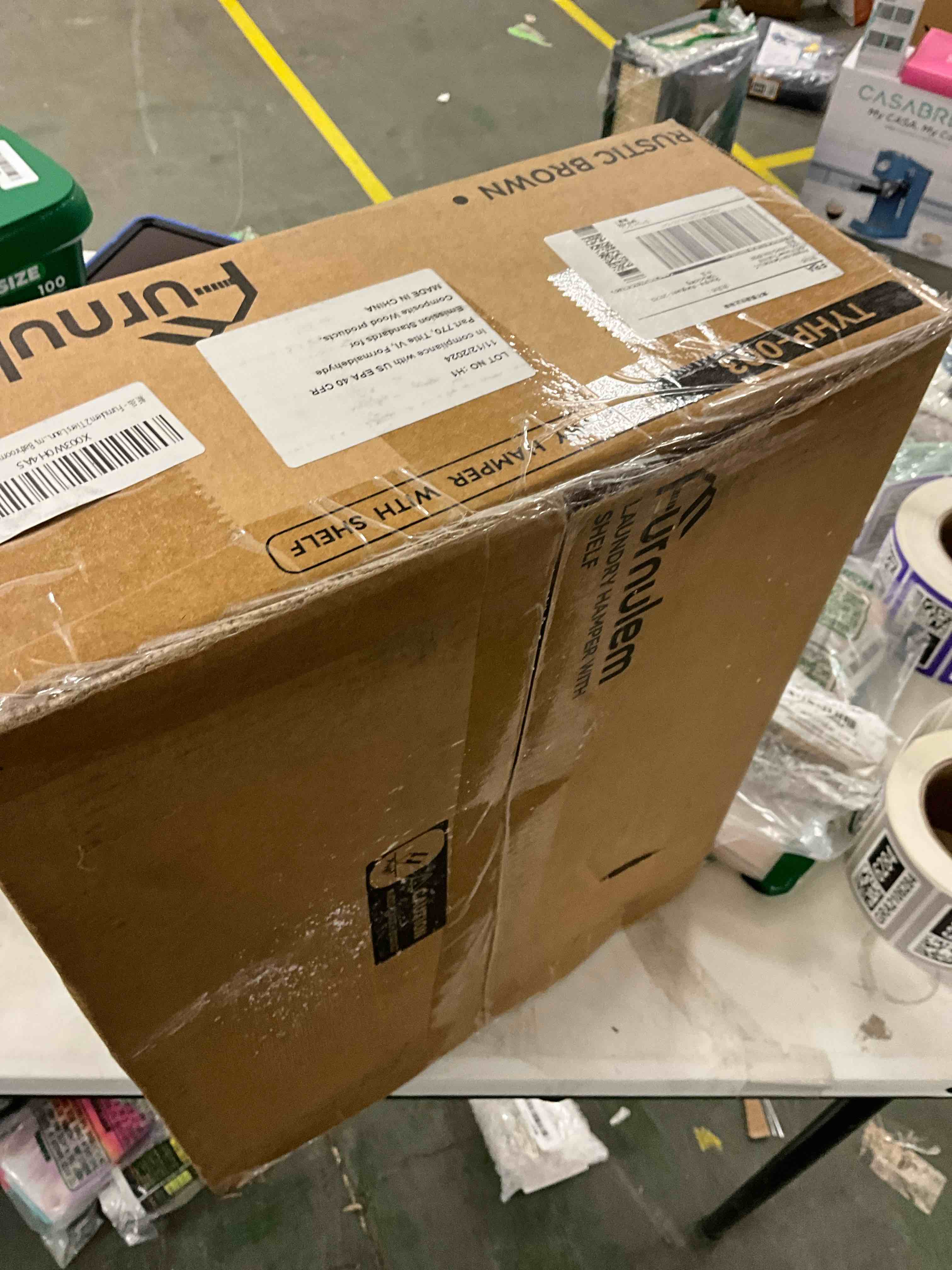 Condition photo showing Good Condition for Furnulem Laundry Hamper, Vertical Laundry Basket with 2 Tiers Wooden Shelf and Hooks, Clothes Hamper with Pull-Out and Removable Bag for Bathroom, Bedroom, Dorm, 13.21 Gallons (50L) 1-Bag Laundry Hamper