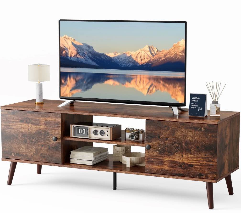 edx Modern TV Stand for 55-60 inch TV, Mid Century Entertainment Centre, Media Console Table with Storage for Living Room, Office, Brown