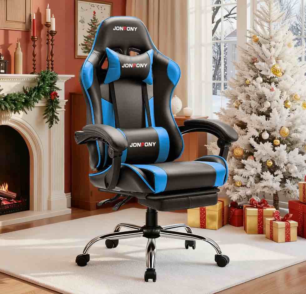 JONPONY Big and Tall Gaming Chair, Ergonomic Design, Gamer Chair PU Leather with Footrest and Lumbar Support, High Back Office Chair Support 8 Hours Long Sitting, Computer Chair,Black Blue