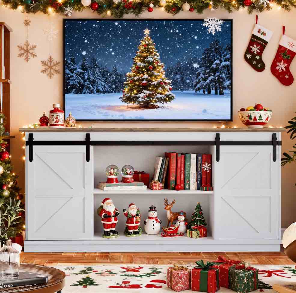 Homall TV Stand for 65 Inch TV, Storage Cabinet with Sliding Barn Door, Entertainment Center, White