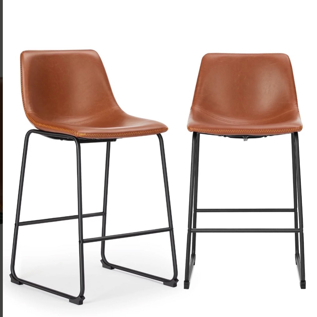 EDX Counter Height Bar Stools Set of 2 With Back and Footrest, Metal Frame, 26 inch, Brown