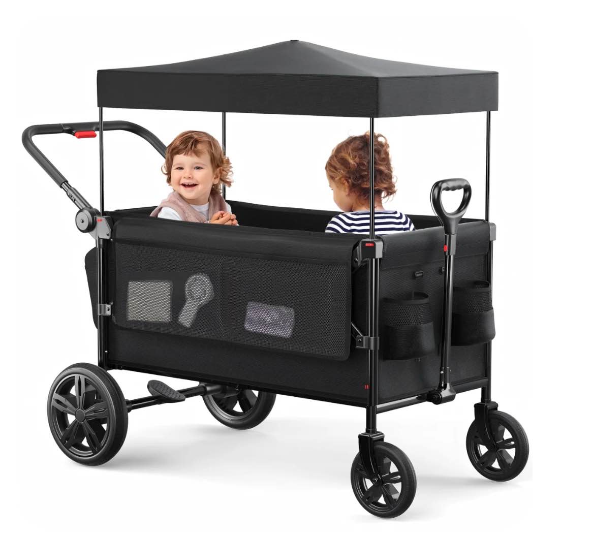 SACVON All-Terrain Stroller Wagon for Toddlers with Canopy, Parent Organizer, Adjustable Handlebar, 2 Cup Holders
