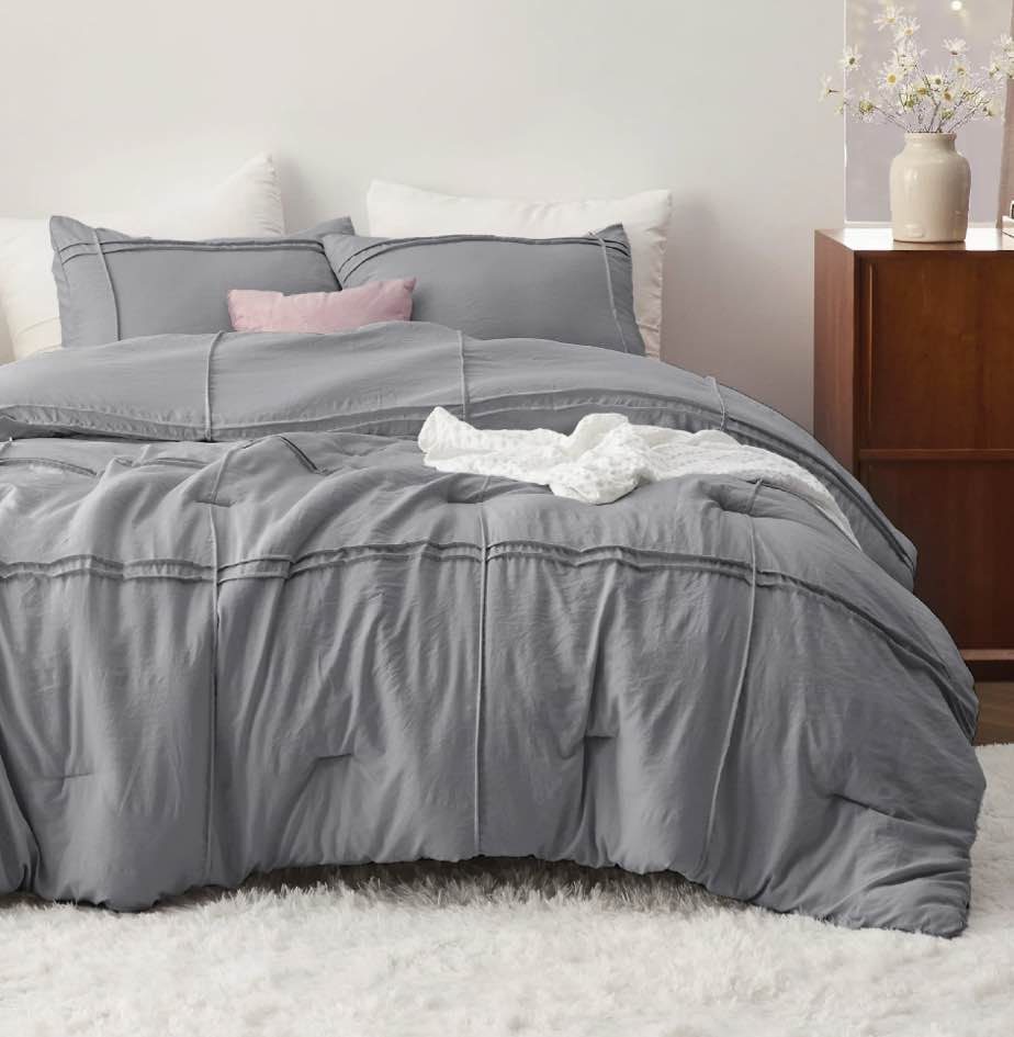 U by Bedsure Queen Comforter Set with Sheet - 4 Pieces Soft Grey Bedding Sets, Grid Pinch Pleat, All Season Lightweight Fluffy Bed Set with Solid Boho Comforter, Pillowcases & Sheet