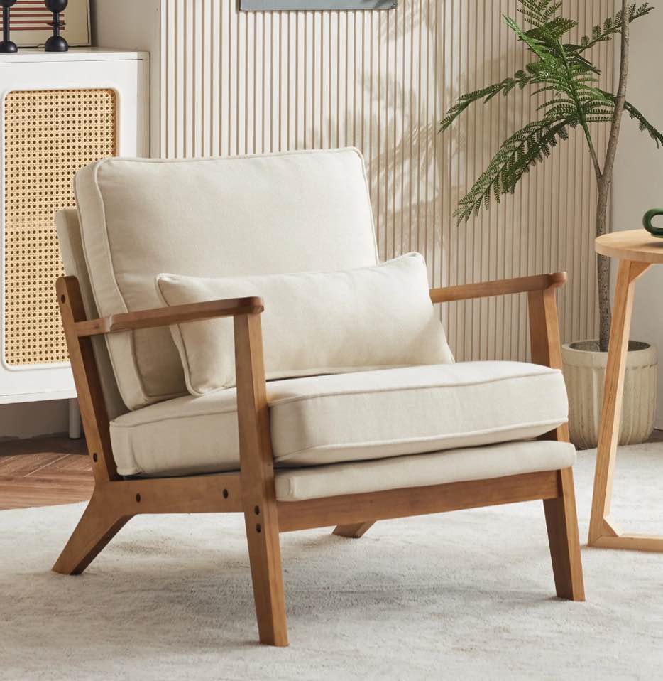 Ktaxon Accent Chair Line Fabric Upholstered Armchair, Reading Club Chair with Pillow for Living Room Bedroom Furniture Beige