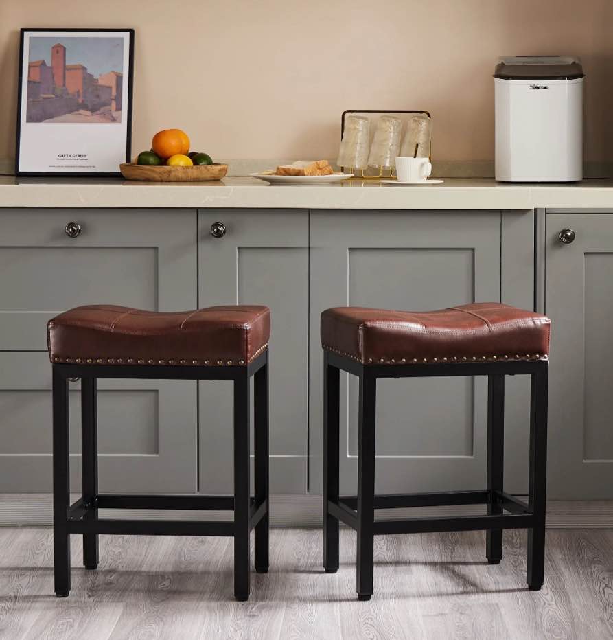 edx Bar Stools Set of 2, Modern Counter Height, 24 Inch Kitchen Barstools with Metal Base, PU Leather Saddle Seats for Kitchen Island, Brown