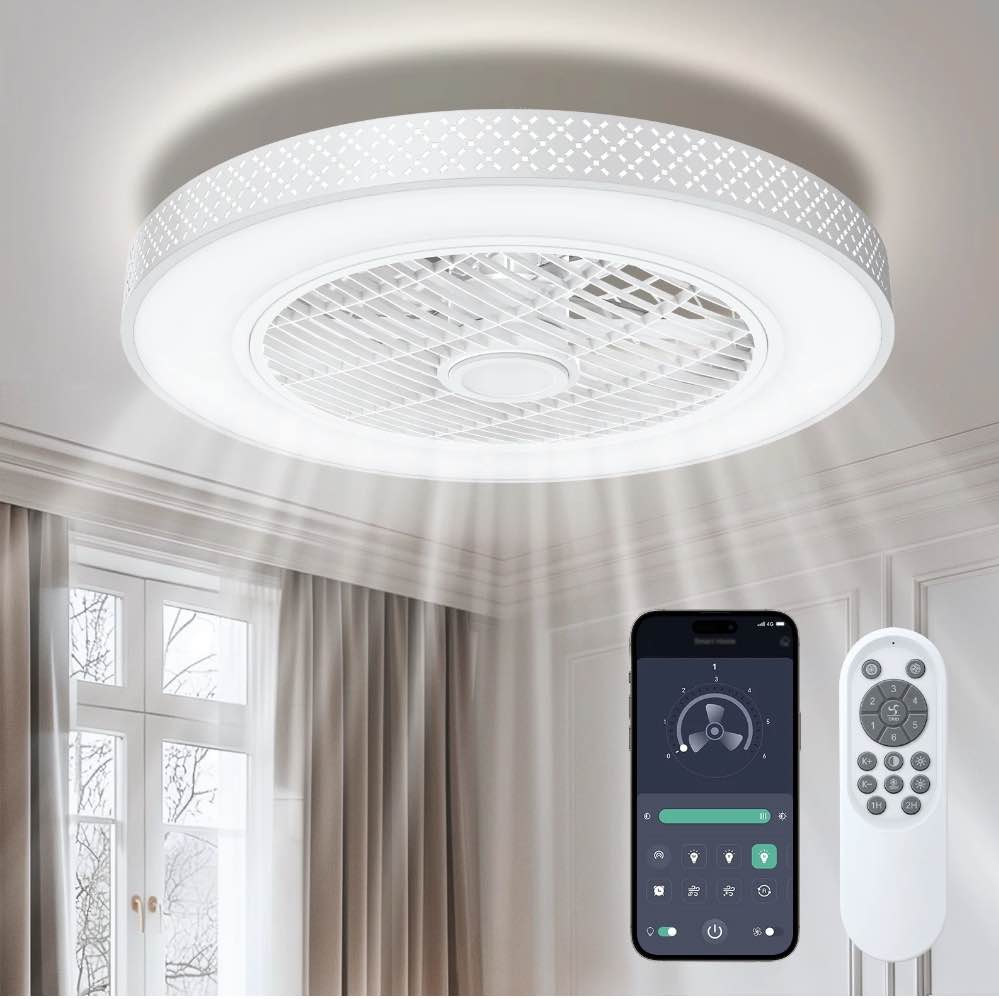 BLITZWILL 20 in Round Ceiling Fans with Lights, Dimmable Color Temperature and 6 Speeds, Remote & APP Control, Flush Mount Bladeless Reversible Motor, White