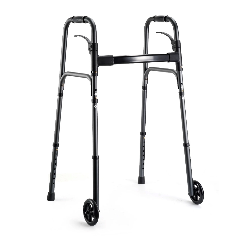 Naipo Compact Folding Walker for Seniors & Adults, Deluxe Lightweight Mobility Aids Walker with 5" Wheels and Trigger Release up to 300 lbs, Aluminium