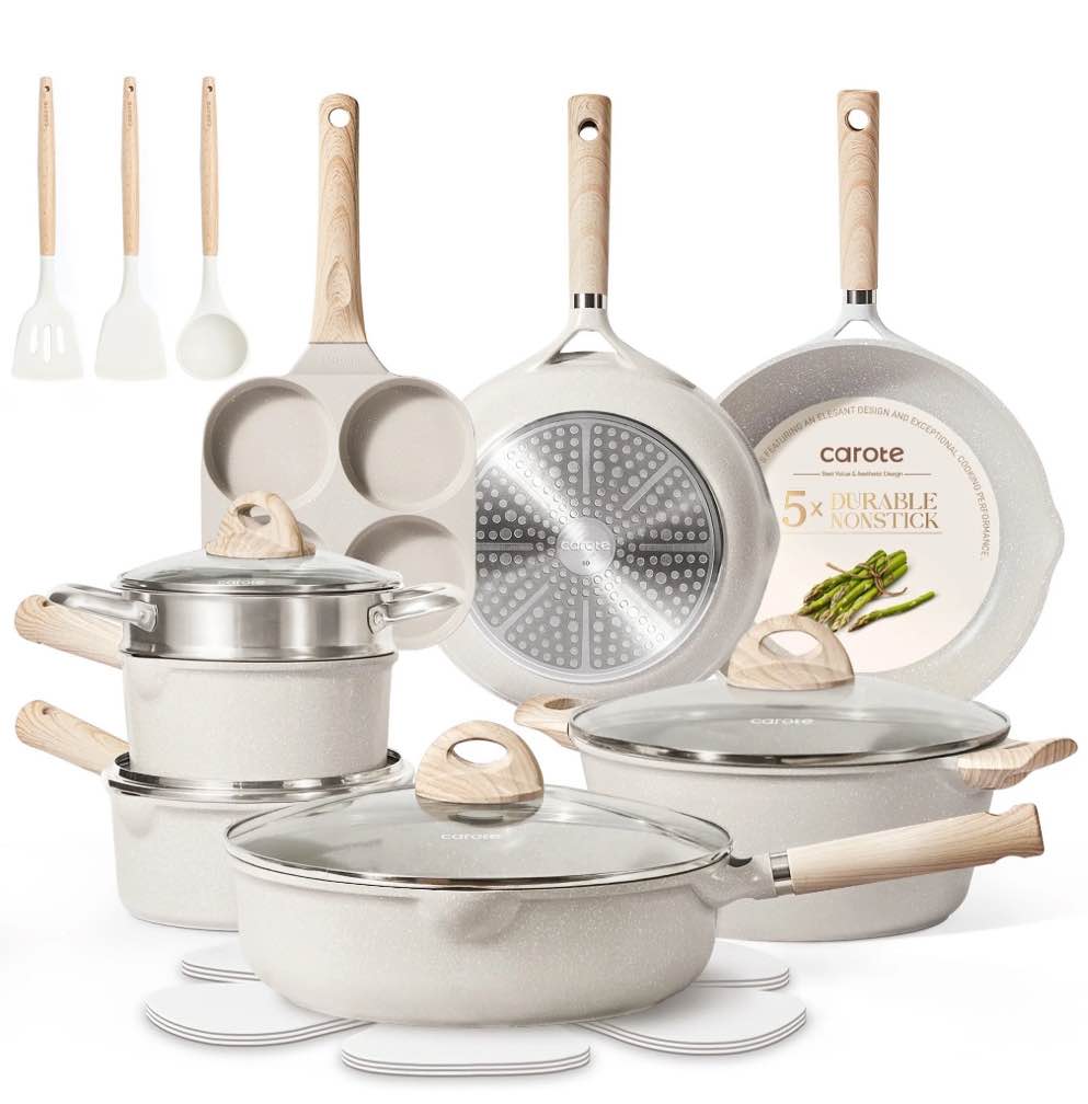 Carote 21pcs Pots and Pans Set Non Stick, Cookware Set Induction Ready, Kitchen Cooking Set, Beige