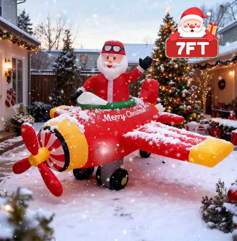 BeePrincess 7ft Santa Helicopter Christmas Inflatable – Light-Up Flying Santa Claus, Outdoor Christmas Yard Decoration for Lawn, Garden, Party