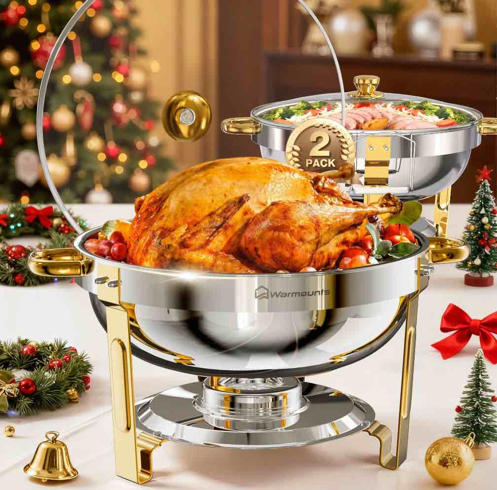 WARMOUNTS Gold Chafing Dish Buffet Set 2 Pack, 5QT Round Stainless Steel Chafers and Buffet Warmers Sets with Glass Lid & Lid Holder for Parties Catering Events, Polished & No Finger Cuts