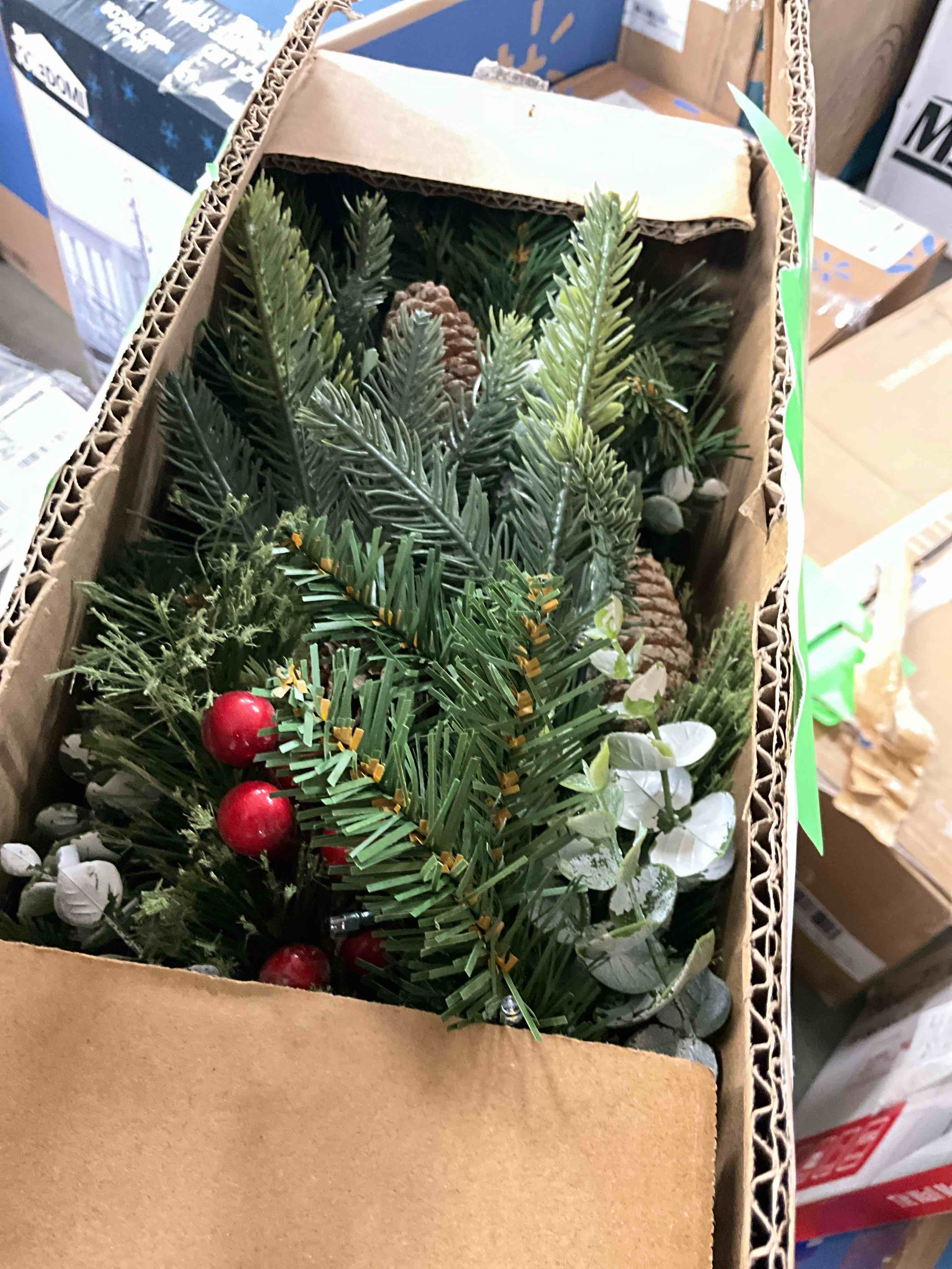 Condition photo showing Good Condition for  2-Pack 22.5-24 Inch Artificial Christmas Trees Pre-decorated with berries pinecones and red balls Includes LED lights Battery-powered Metal ground stakes included 