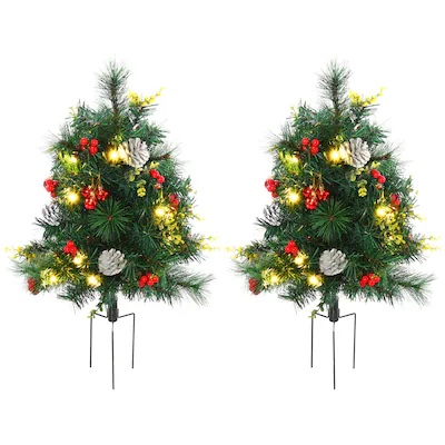  2-Pack 22.5-24 Inch Artificial Christmas Trees Pre-decorated with berries pinecones and red balls Includes LED lights Battery-powered Metal ground stakes included 