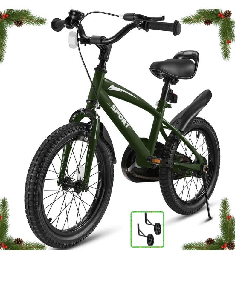 Naipo 16 in Green Kid Bike Kickstand with Training Wheels Children Bikes Boys Girls