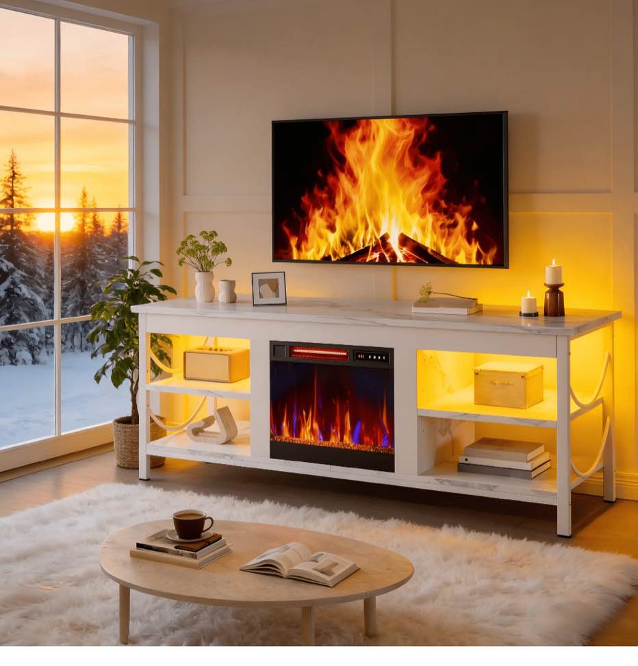 Pinmoco LED Fireplace TV Stand for TVs up to 65", Farmhouse Entertainment Center with Electric Heater, Media Console with Adjustable Shelves & Cable Management, White Marble