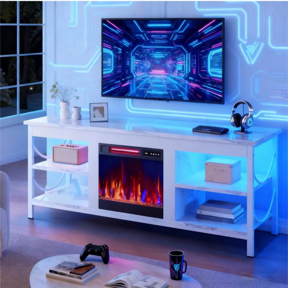 Pinmoco LED Fireplace TV Stand for TVs up to 65", Farmhouse Entertainment Center with Electric Heater, Media Console with Adjustable Shelves & Cable Management, White Marble